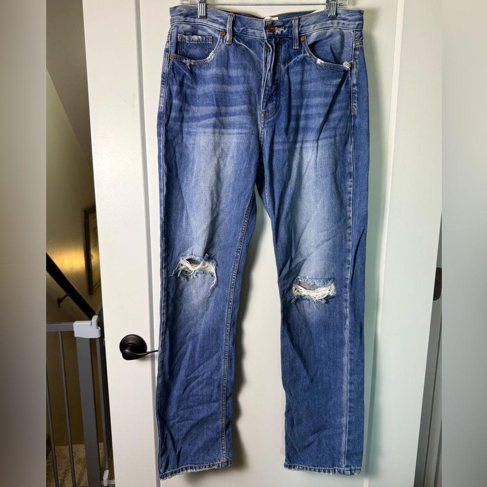 Böhme Straight Leg High Waist High Rise Stone Wash Distressed Jean Button Fly 28